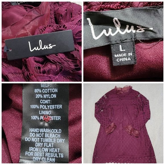 Lulu's Women's Burgundy Lace Long Sleeve Dress Lined Keyhole Back Size Large NWT - Picture 8 of 12